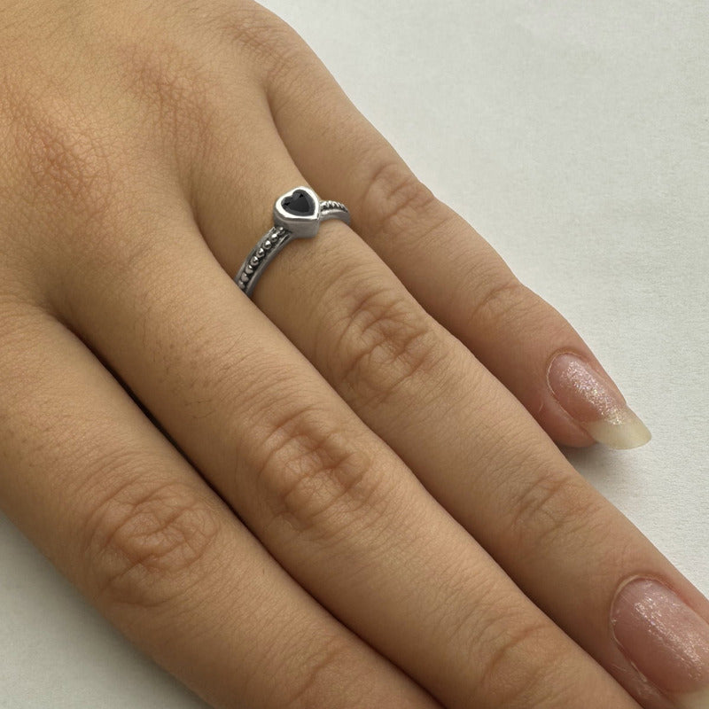 Anel De Prata 925 Solitário Coração Black Onix - Exclusivo