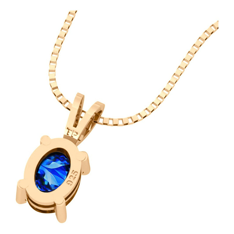 Colar Pingente Oval Prata 925 Dourada 18k - Safira