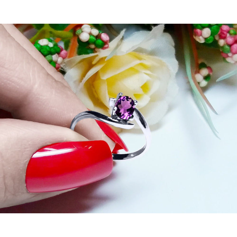 Anel De Prata 925 Solitário Miami Ametista - Feminino