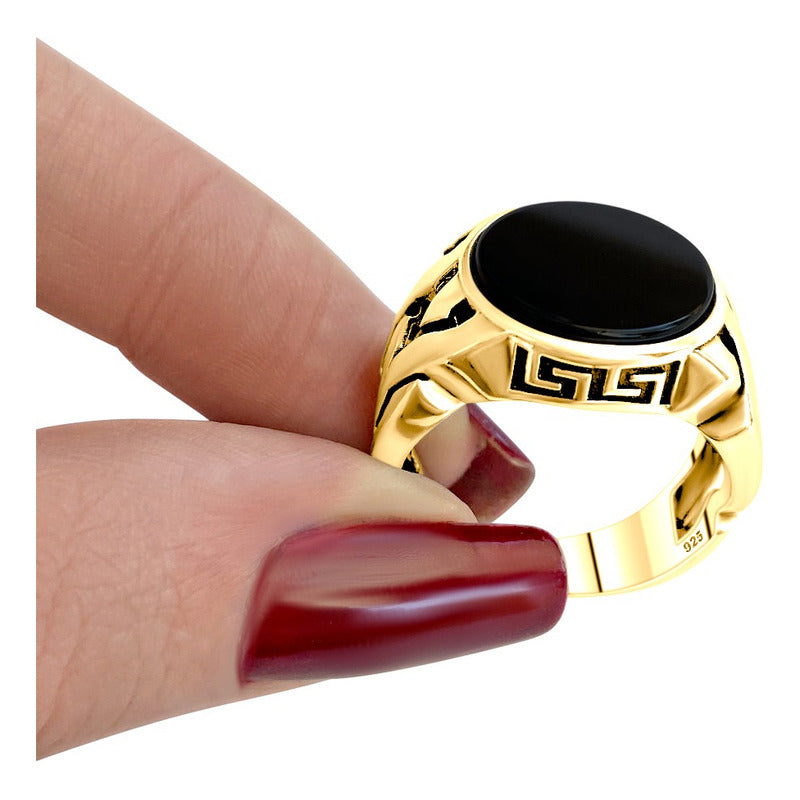 Anel Elos Redondo Prata 925 Dourada Ouro 18k - Black Onix