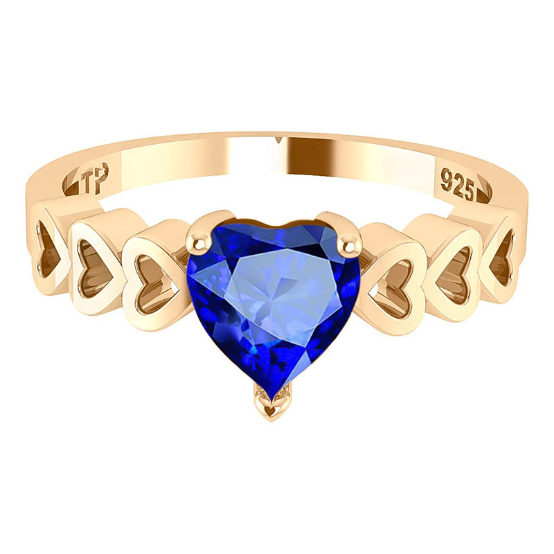 Anel Luxo Prata 925 Dourada A Ouro 18k - Safira Coração