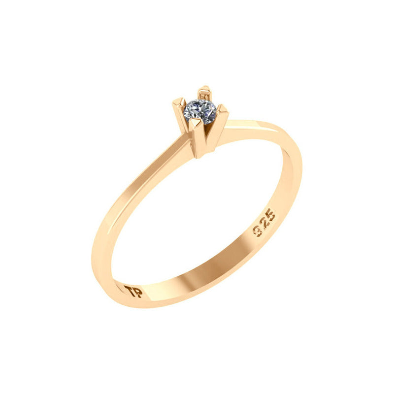 Anel Solitário Prata 925 Dourada 18k - Zircônia
