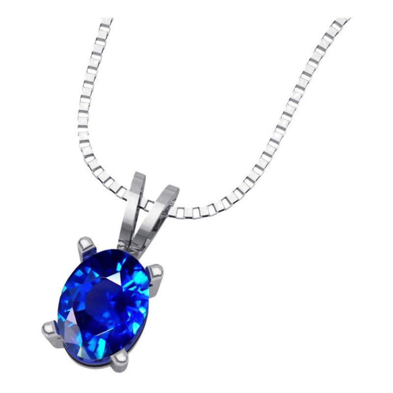 Colar Safira Prata 925 Oval 8x6mm E Veneziana - Exclusivo