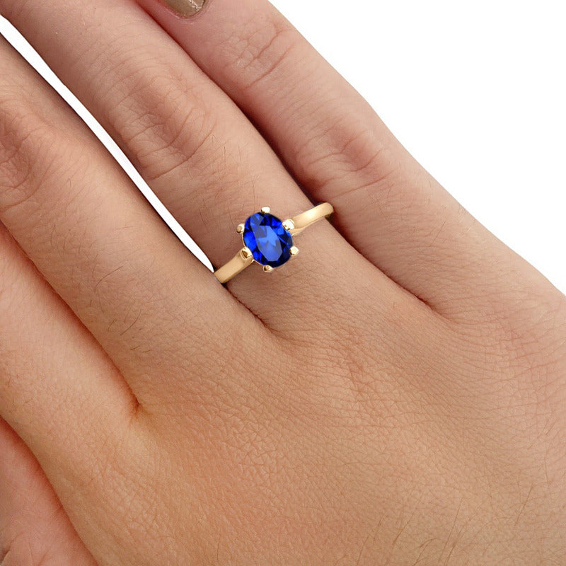 Anel Solitário Oval Em Prata 925 Dourada 18k - Safira
