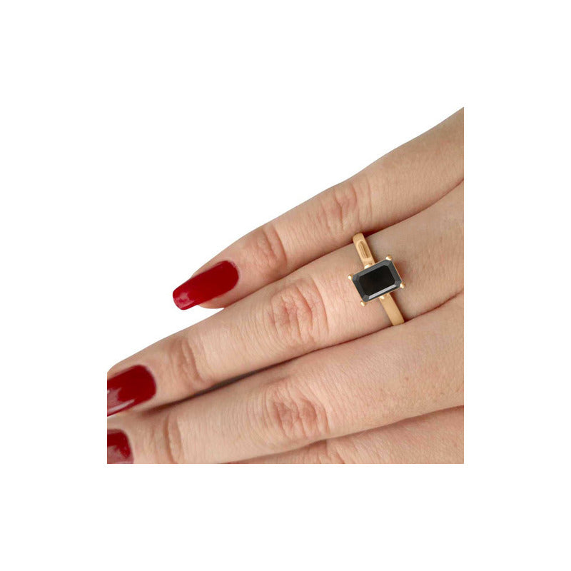 Anel Solitário Retangular Prata 925 Dourada 18k - Black Ônix