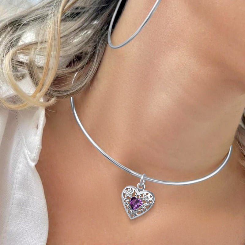 Colar Choker Filigrana Coração Prata 925 Ametista Exclusivo