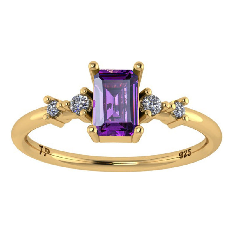 Anel Viena Retangular Prata 925 Dourada 18k - Ametista