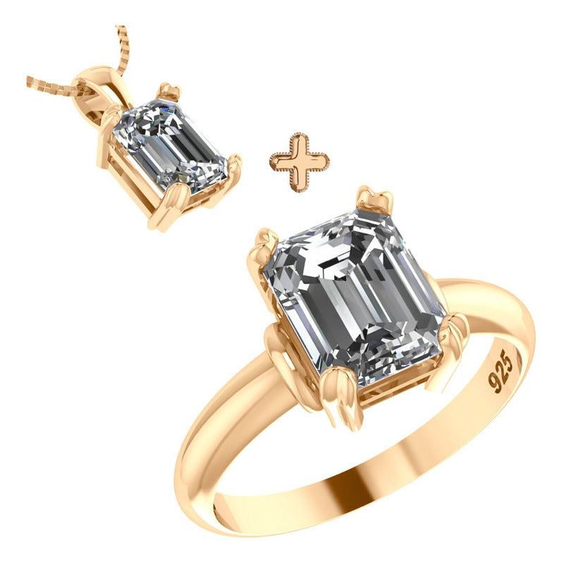 Kit Anel E Colar Vintage Prata 925 Dourada 18k - Zircônia