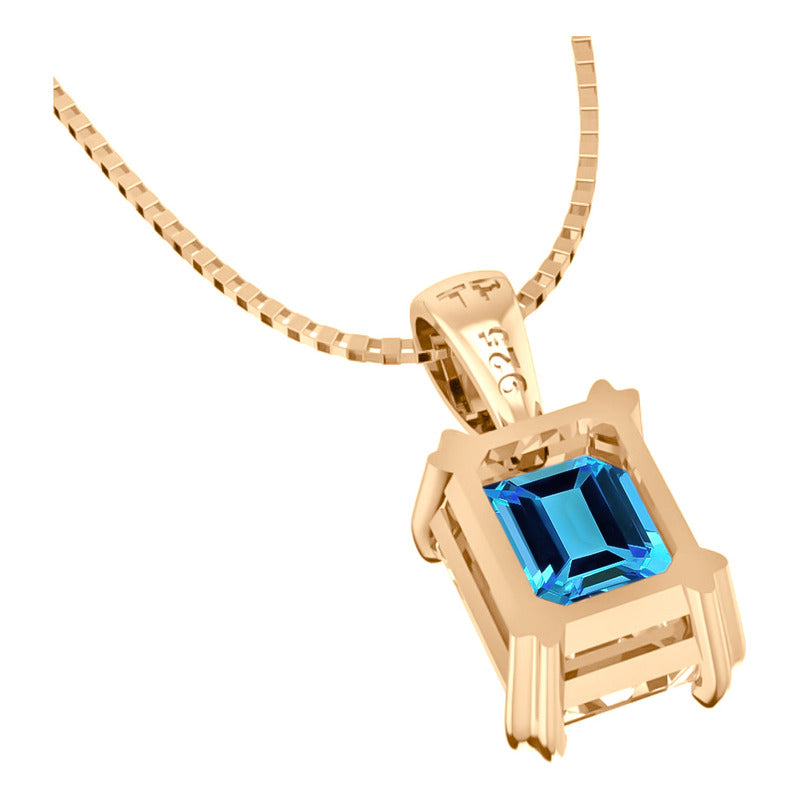 Colar Pingente Retangular Prata 925 Dourada 18k Topázio Azul