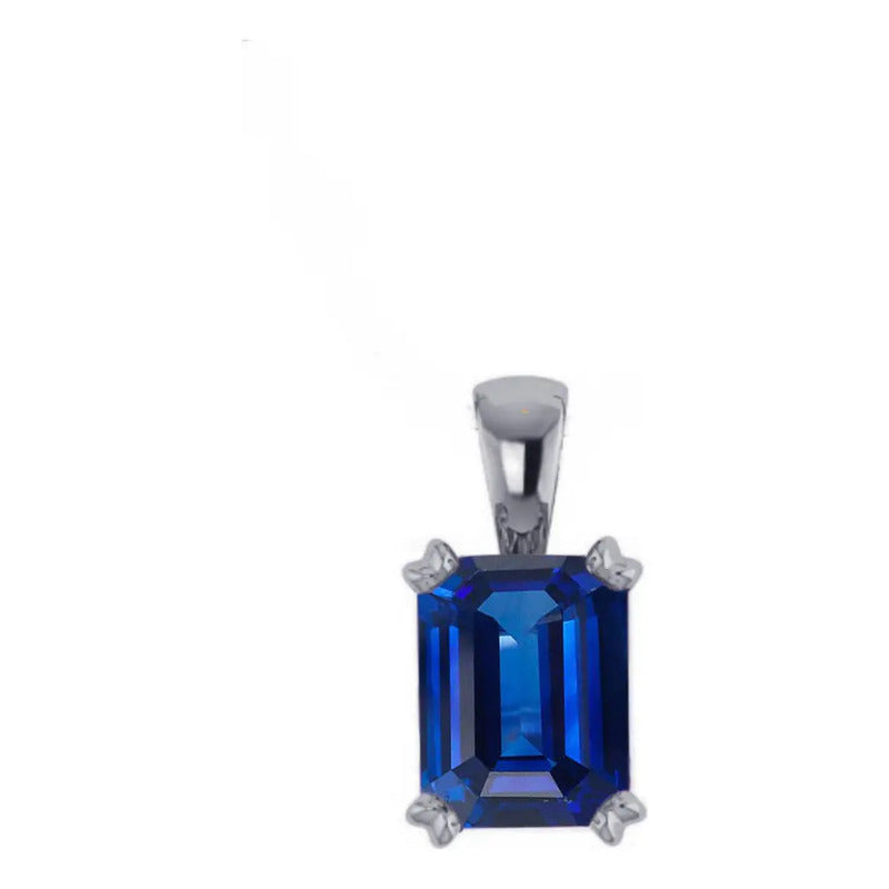 Pingente Prata 925 Retangular Safira Azul Unissex- Exclusivo Azul-escuro