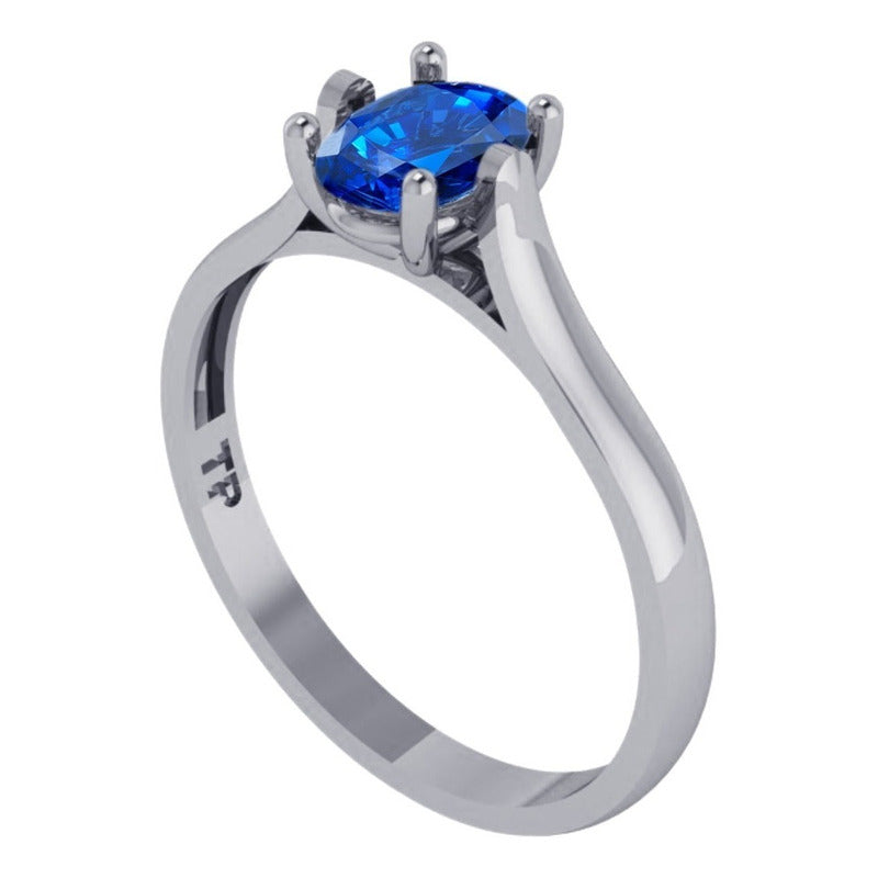 Anel Solitário Prata 925 Safira Azul Oval - Exclusivo