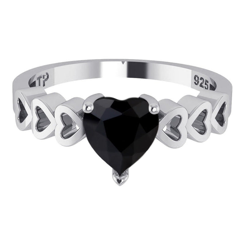 Anel Luxo Pura Prata 925 Black Onix Coração - Exclusivo