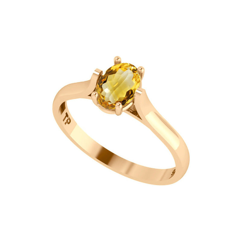 Anel Solitário Oval Em Prata 925 Dourada 18k - Citrino
