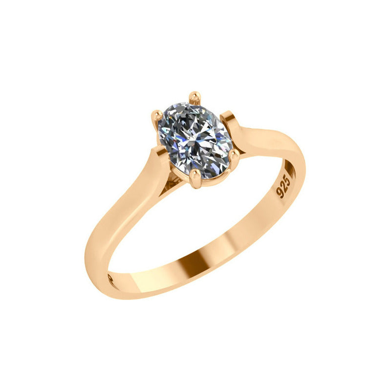 Anel Solitário Oval Em Prata 925 Dourada 18k - Zircônia