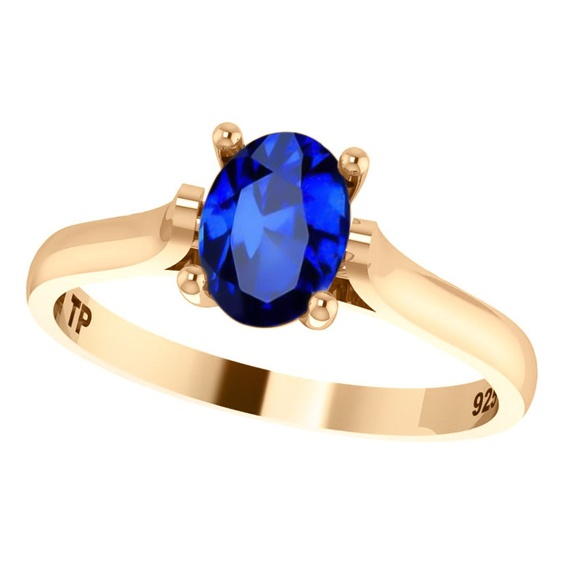Anel Solitário Oval Em Prata 925 Dourada 18k - Safira