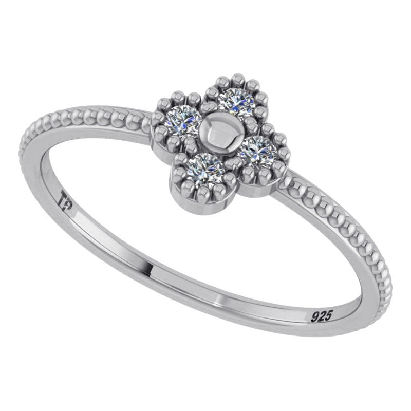 925 Silver Flower Ring With 4 Zirconias - Exclusive