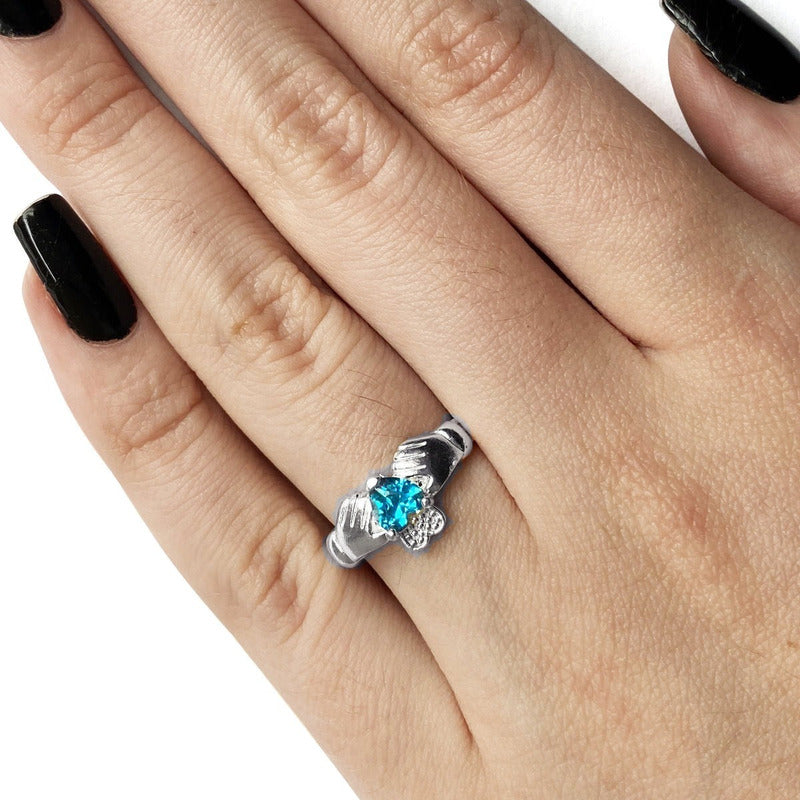 Anel De Prata 925 Claddagh Topázio Azul- Unissex