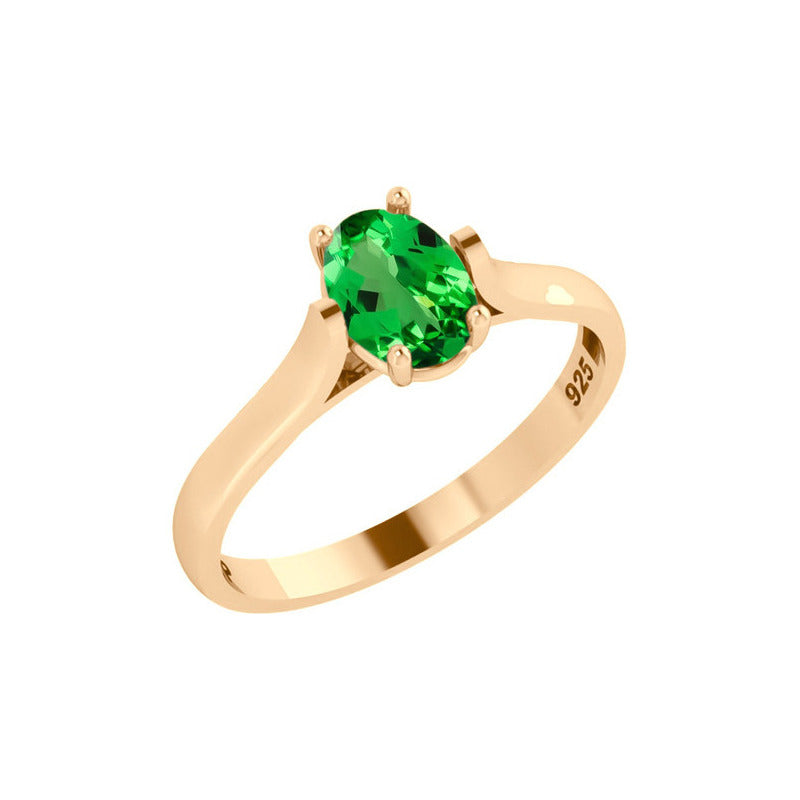 Anel Solitário Oval Em Prata 925 Dourada 18k - Esmeralda