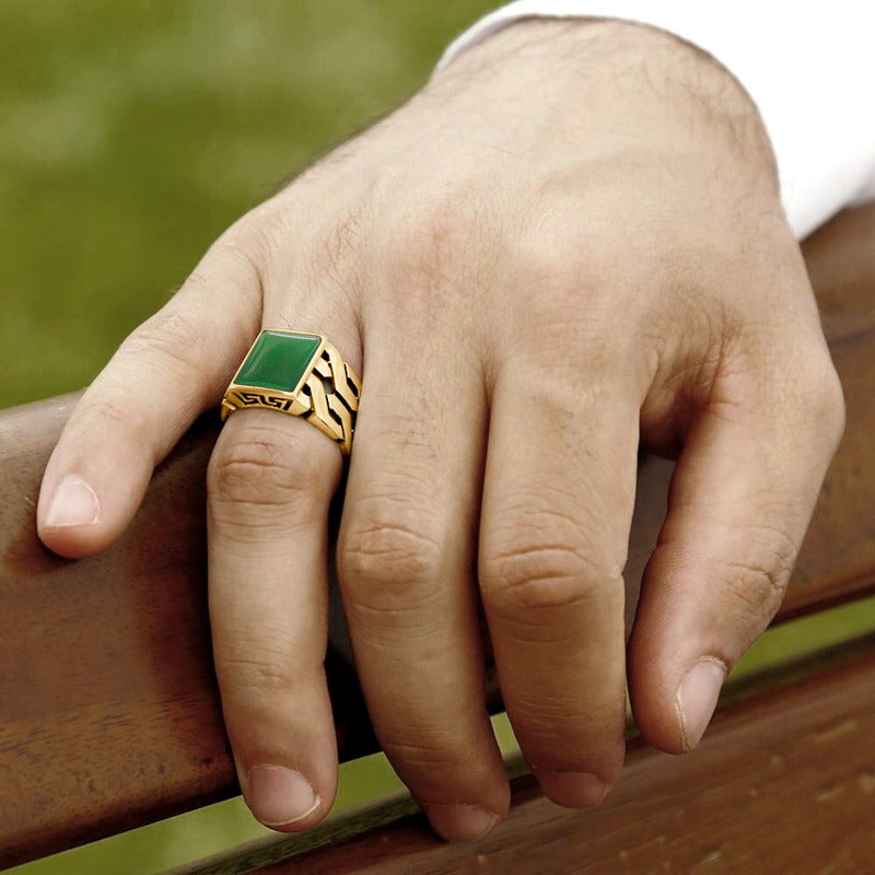 Anel Masculino Elos Prata 925 Dourada Ouro 18k - Ágata Verde