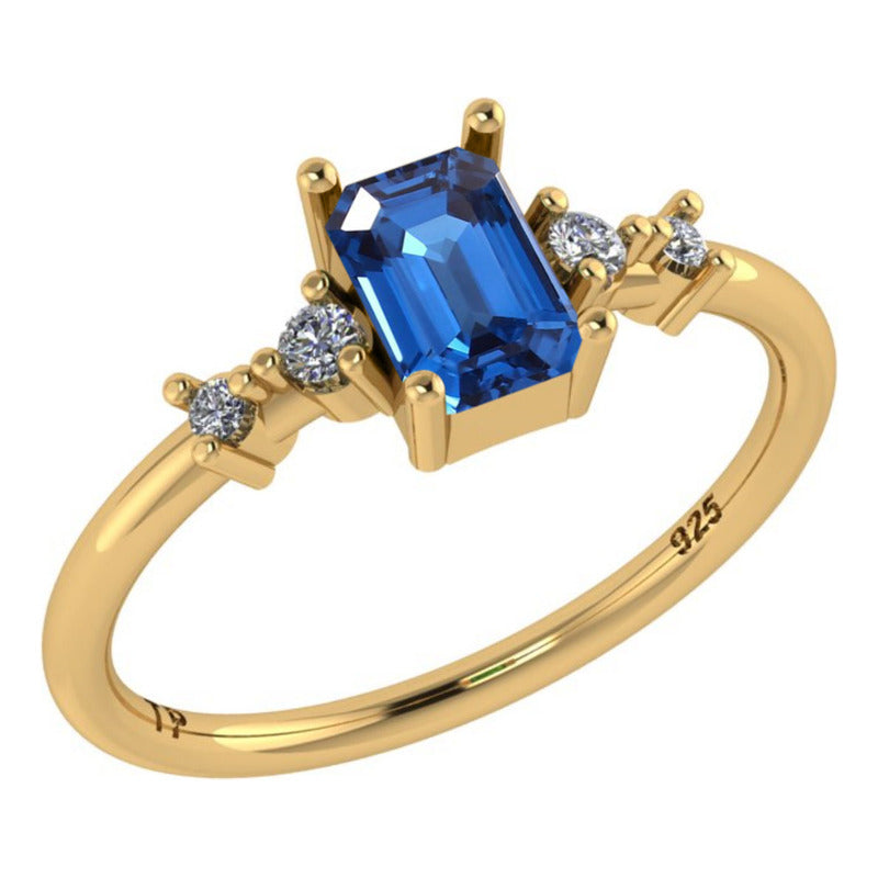 Anel Viena Retangular Prata 925 Dourada 18k - Safira