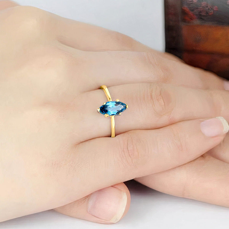 Anel Navete Prata 925 Dourada Ouro 18k - Topázio Azul
