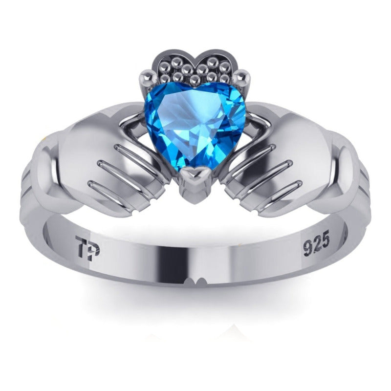 Anel De Prata 925 Claddagh Topázio Azul- Unissex