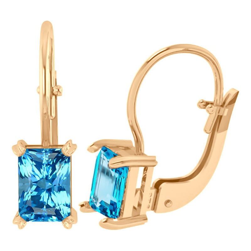 Brinco Trava Ret Prata 925 Dourada Ouro 18k Zircônias Azul