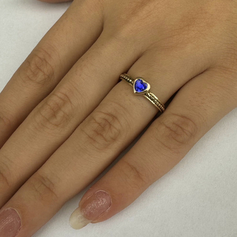 Anel Prata 925 Dourada 18k Solitário Coração - Safira