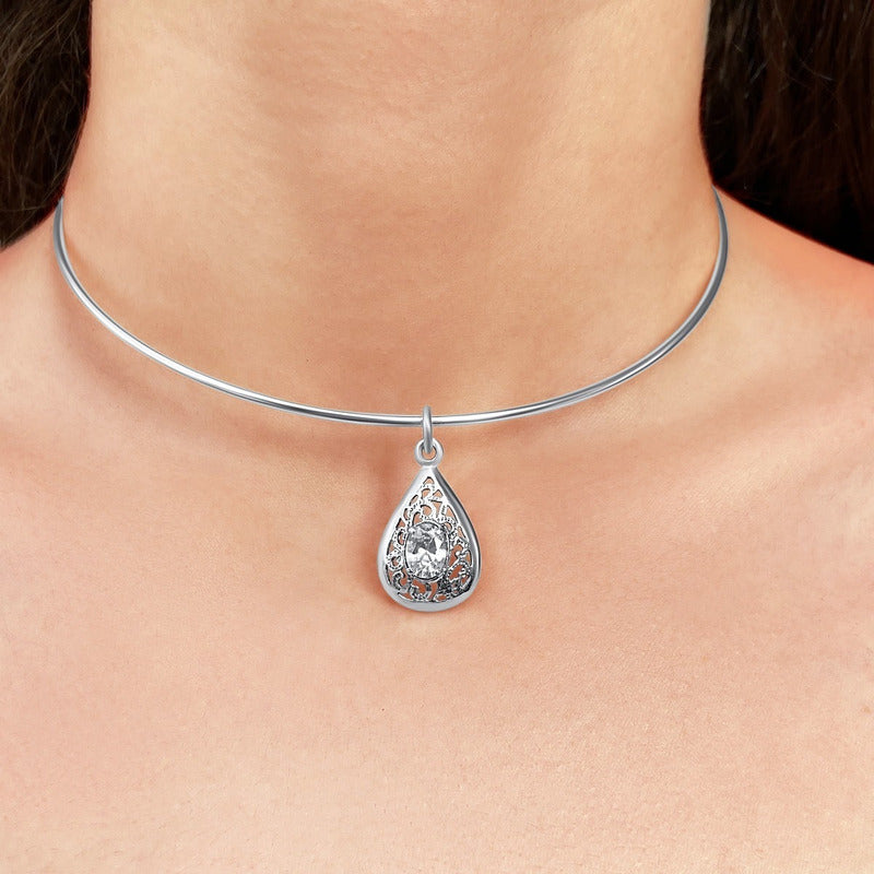 Colar Choker Filigrana Gota Prata 925 Zirconia Exclusivo