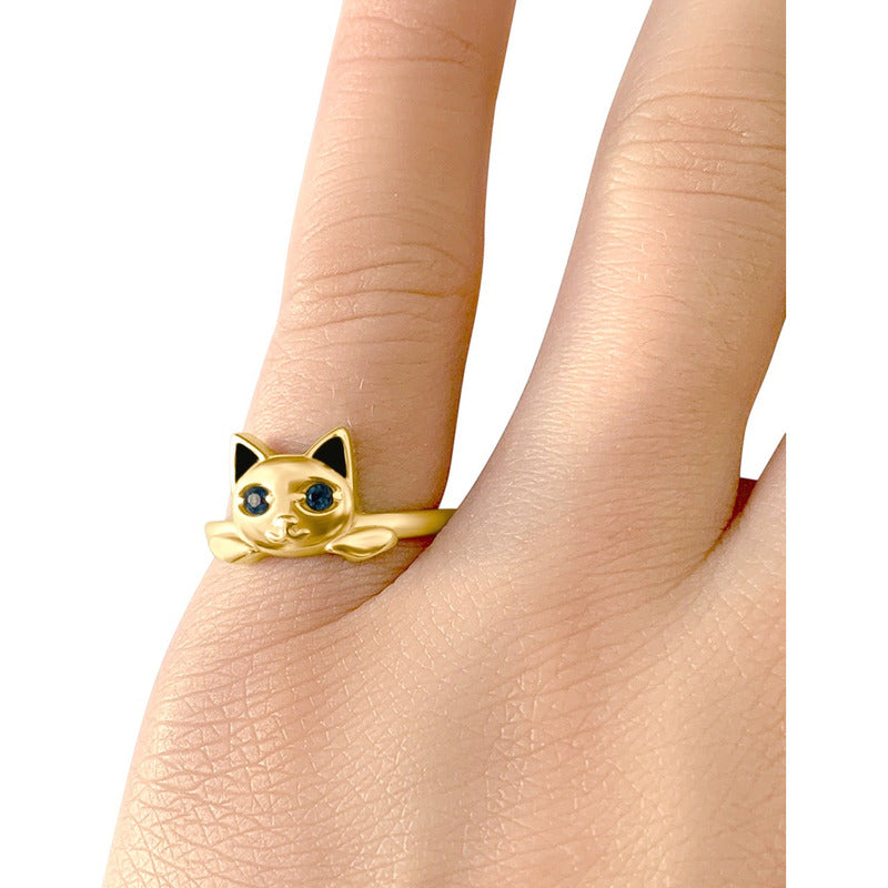 Anel Gatinho Olhos Topázio Azul - Prata 925 Dourada 18k
