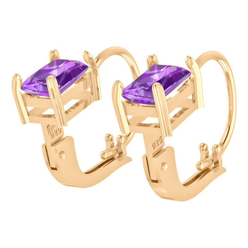 Brinco Trava Retangular Prata 925 Dourada Ouro 18k- Roxa