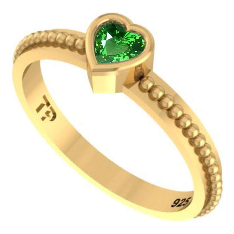 Anel Prata 925 Dourada 18k Solitário Coração - Esmeralda