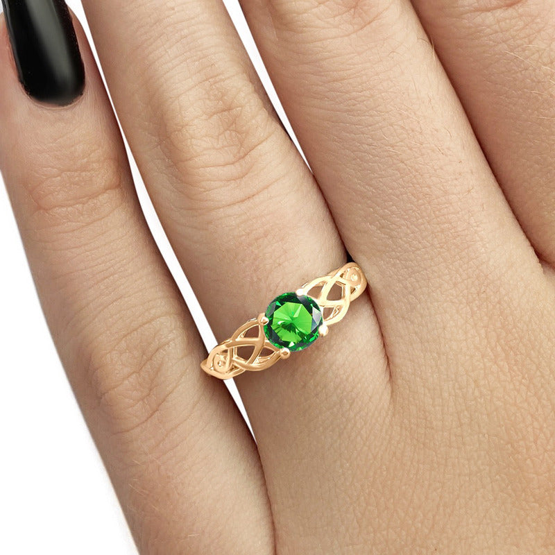 Anel Solitário Celta Knot Prata 925 Dourada 18k - Esmeralda