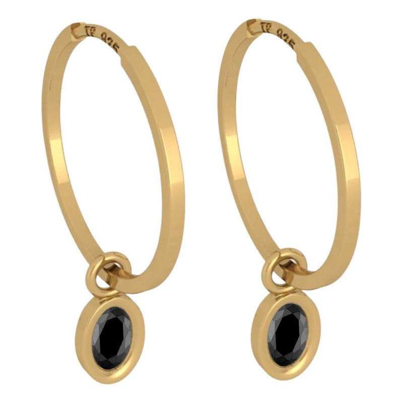 Brinco Argola Prata 925 Dourada 18k Pingente Oval - Onix