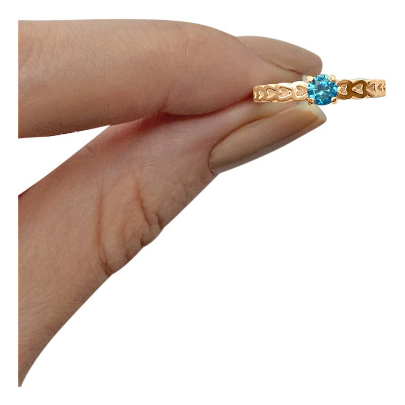Anel Luxo Corações Prata 925 Dourada Ouro 18k - Topázio Azul