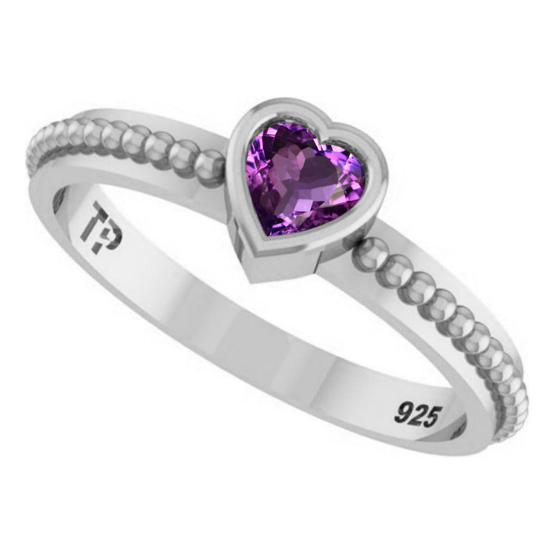 Pure 925 Silver Solitaire Amethyst Heart Ring - Exclusive