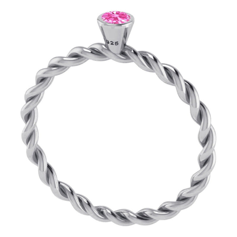 Anel Prata 925 Solitário Torcido Safira Rosa - Exclusivo