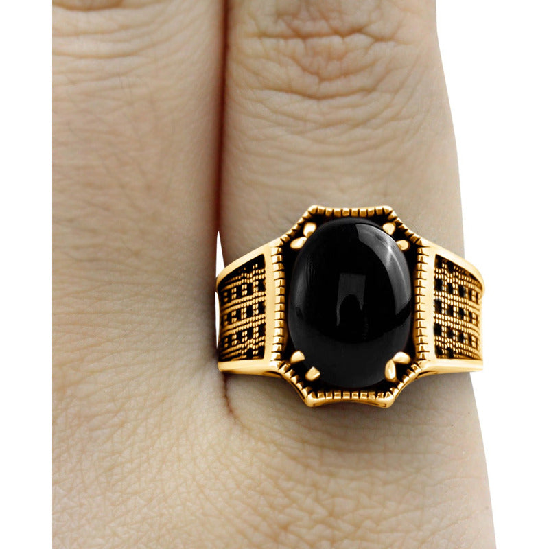 Anel Cabochão Prata 925 Dourada Ouro 18k- Black Ônix Natural
