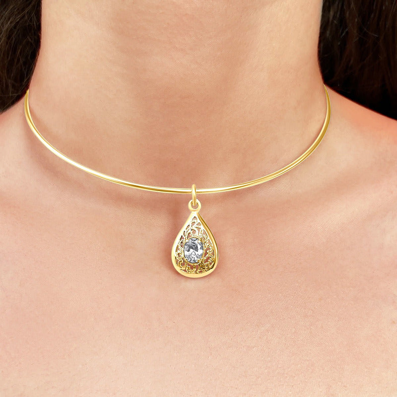 Colar Choker Filigrana Prata 925 Dourada 18k - Zircônia Gota