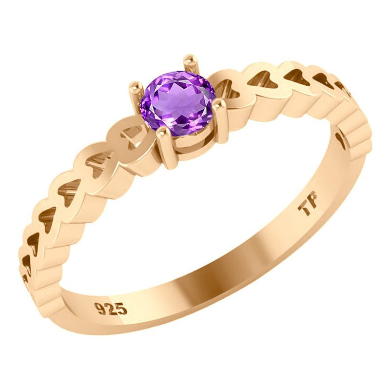Anel Luxo Corações Prata 925 Dourada Ouro 18k - Ametista