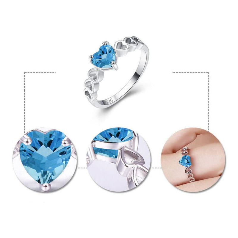 Anel Luxo Pura Prata 925 Topázio Azul Coração - Feminino