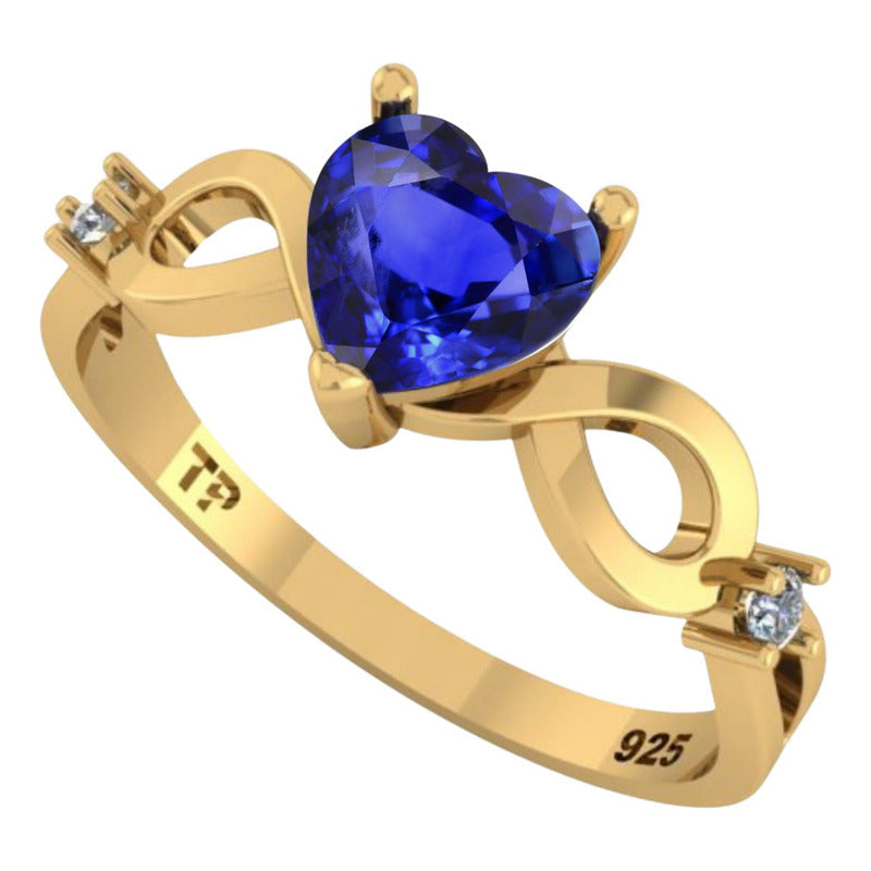 Anel Prata 925 Dourada 18k Infinito Amor Coração - Safira