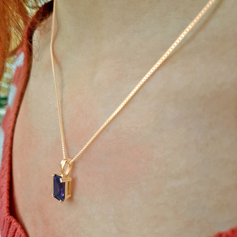 Colar Pingente Retangular Prata 925 Dourada 18k - Ametista