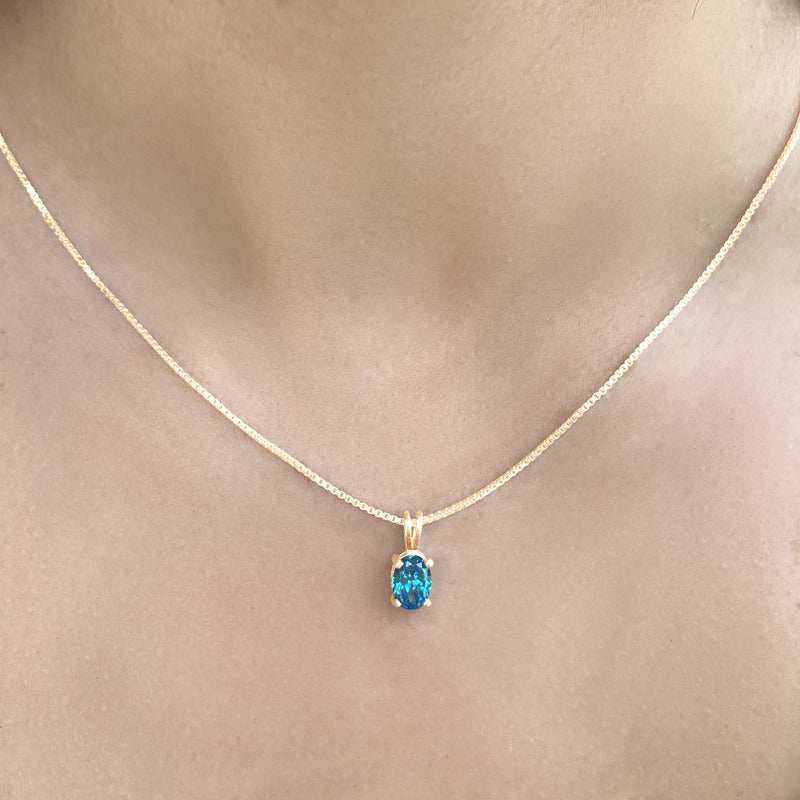 Colar Pingente Oval Prata 925 Dourada 18k - Topázio Azul
