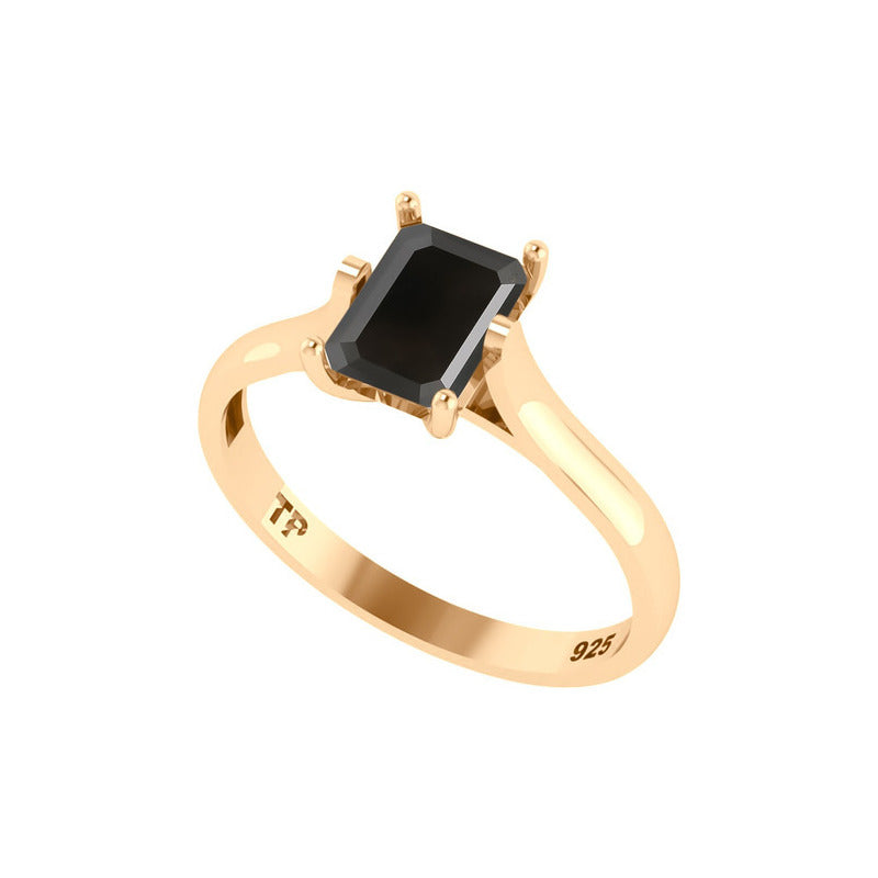 Anel Solitário Retangular Prata 925 Dourada 18k - Black Ônix