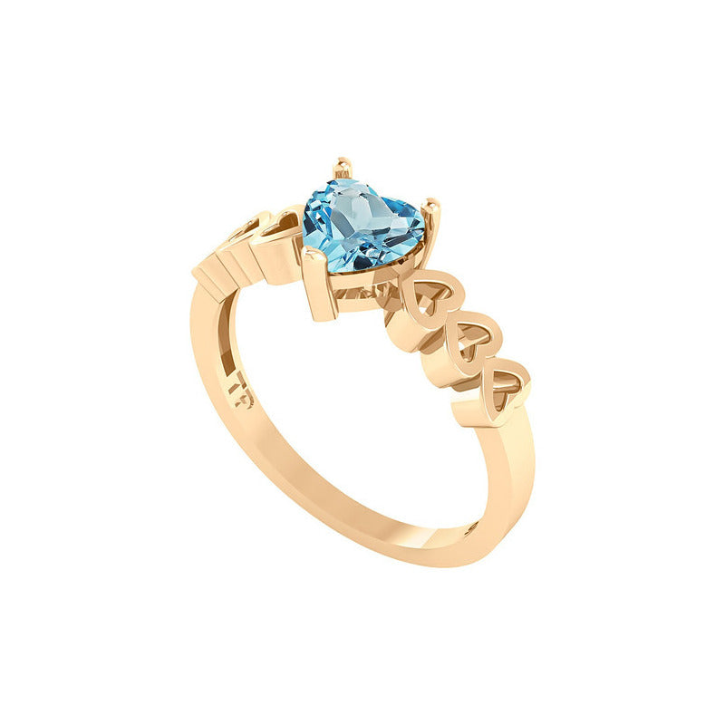 Anel Luxo Coração Prata 925 Dourada A Ouro 18k- Topázio Azul