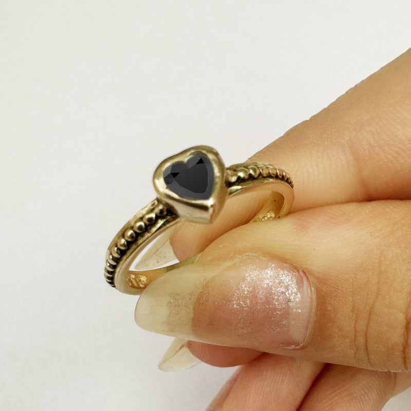 Anel Prata 925 Dourada 18k Solitário Coração - Onix