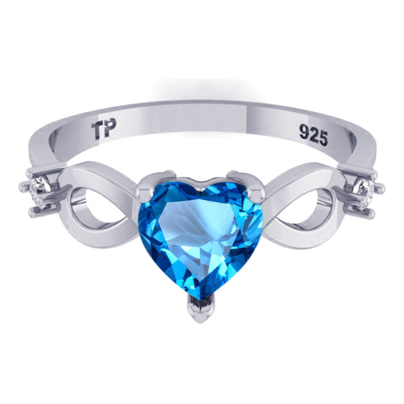 Anel Prata 925 Infinito Amor Coração - Topázio Azul