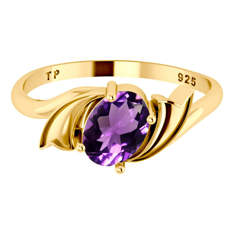 Anel Wings Prata 925 Dourada Ouro 18k - Ametista Oval