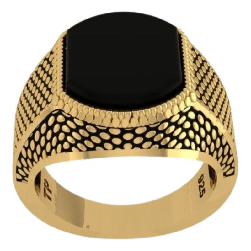 Anel Masculino Prata 925 Dourada Ouro 18k - Black Ônix